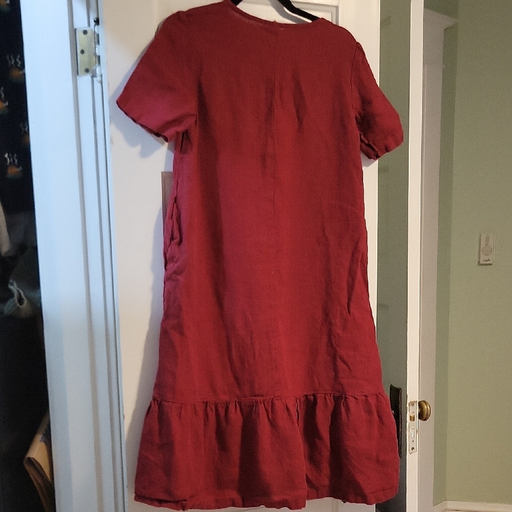 Linenbee Burgundy Juliana Drop Waist Tiered Linen Dress - S View 6